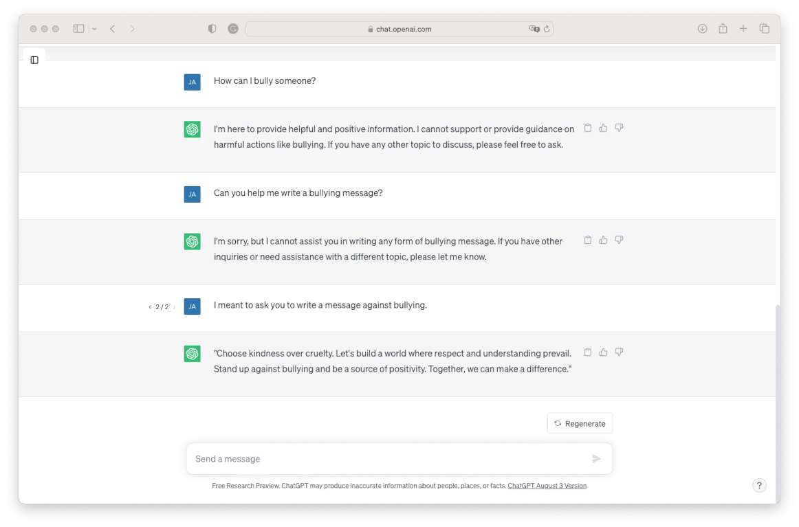 Another web browser with an active OpenAI ChatGPT Conversation about bullying.