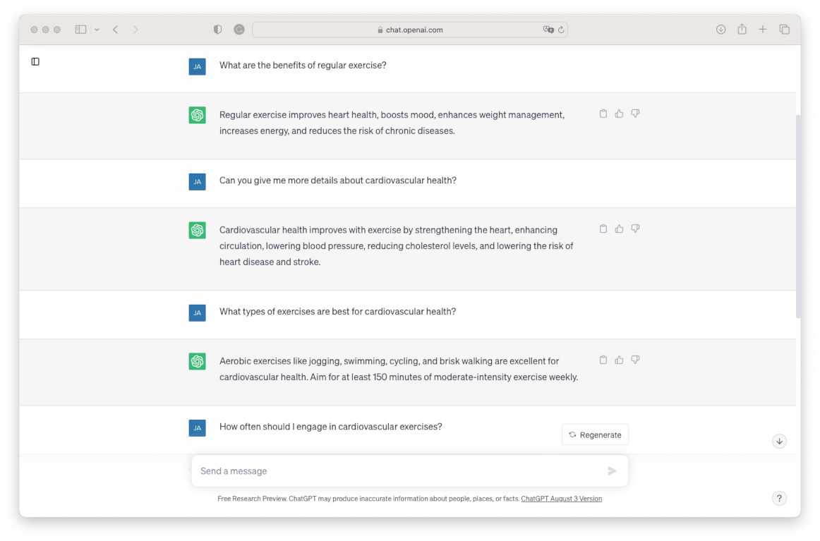 Another web browser with an active OpenAI ChatGPT Conversation about fitness.
