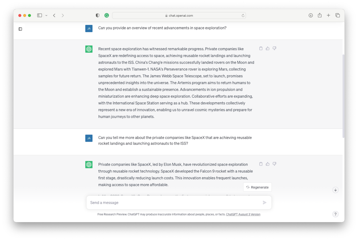 A web browser with an active OpenAI ChatGPT Conversation.
