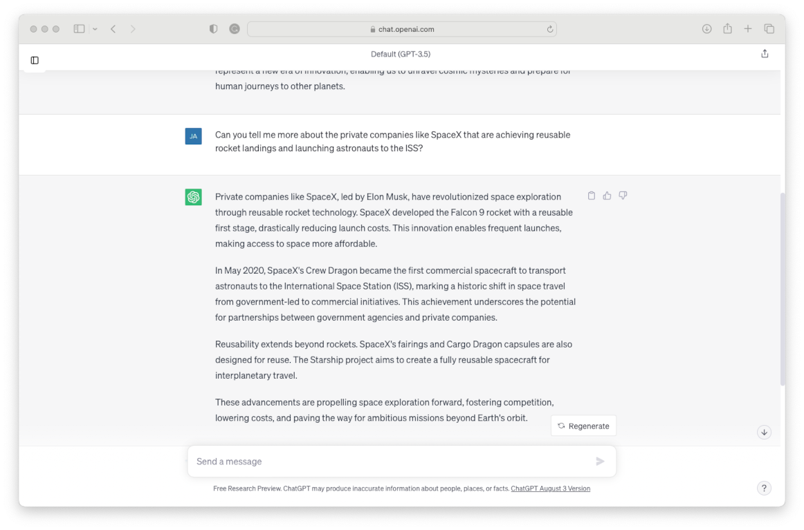 Another web browser with an active OpenAI ChatGPT Conversation space exploration.