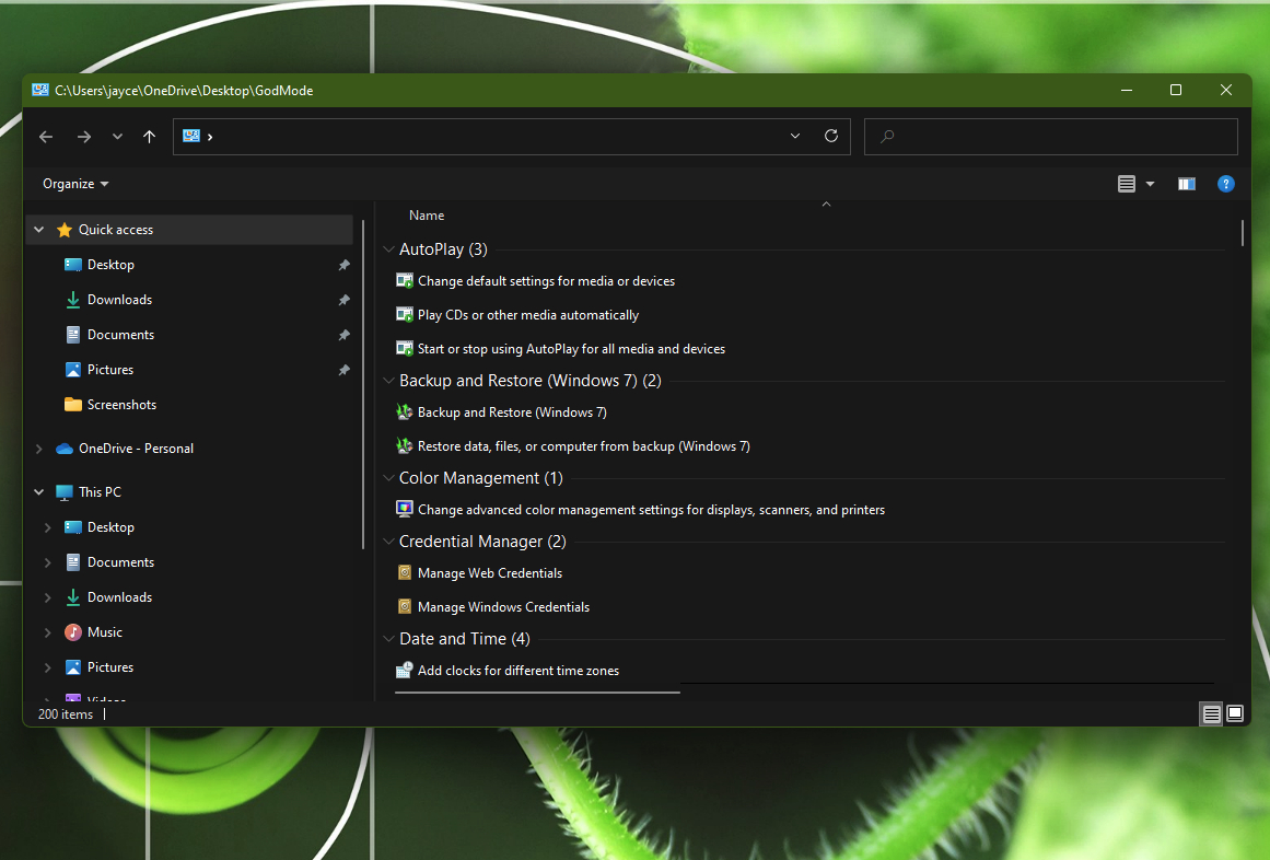 God Mode Windows folder contents.