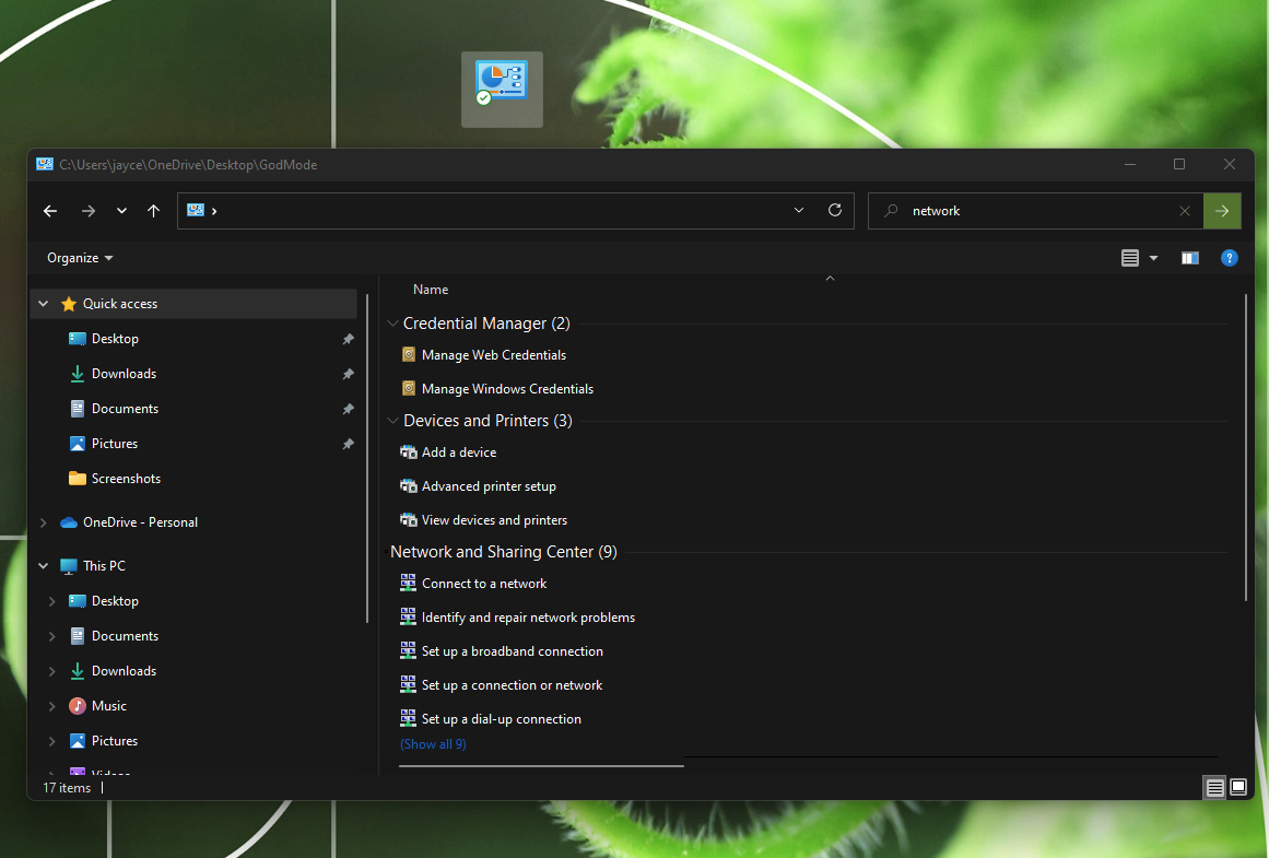 God Mode Windows search function.
