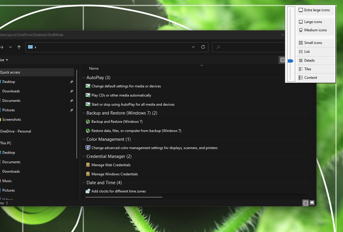 God Mode Windows folder viewing options.