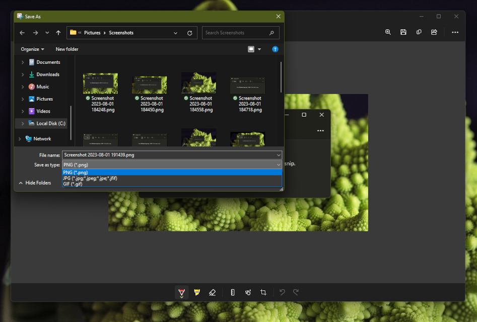 The save as options of the snipping tool.